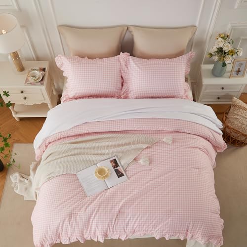 Image of Gingham Ruffle Comforter Set Queen - 3 Piece Pink Checkered Bedding Set - Aesthetic Cottagecore Ruffled Farmhouse Comforter with 2 Pillow Shams - Soft, Lightweight All Season Bedding (90 inchx90 inch)
