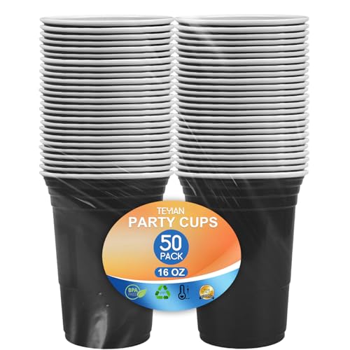 TEYIAN 50Pcs Plastic Cups 16oz/470ml Black Party Cups Drinking Cup Reusable & Recyclable for All Events Birthdays Weddings Picnics Christmas Anniversary Party