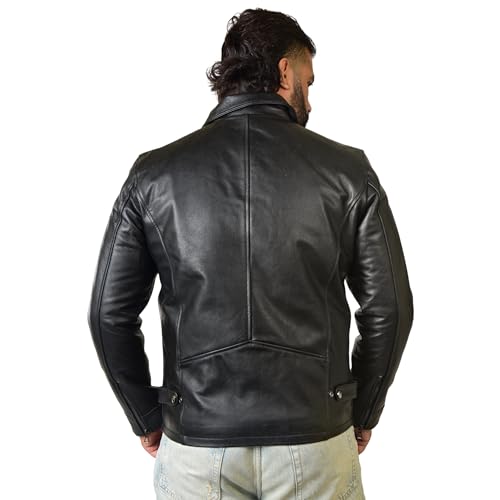 Image of Body Guard Men's Genuine Leather Jacket - Black Motorcycle Riding Jacket with Front Zipper, Shirt Collar & Two Pockets | Stylish Winter Wear for Bikers & Casual Outfits