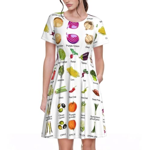 Robe d'été florale à manches courtes EdWal imprimé légumes et col rond style midi