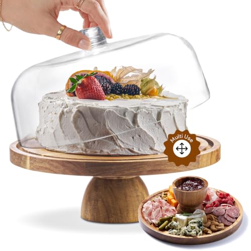 HOMESPHERE Acacia Wood Cake Stand with Lid - Cake Stand with Dome,12in Round Cake Holder, 2-in-1 Dessert Table Display Set & Charcuterie Board for Cheese, Chips & Dips, Fruit Platter, Large Acrylic Cake Dome Cover