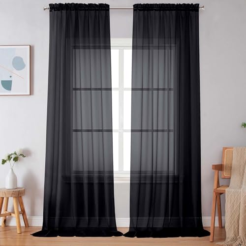 Image of Simplebrand Black Sheer Curtains 120 Inches Long, Extra Long Rod Pocket Solid Color Window Sheer Curtain Panels, Elegant Curtains & Drapes for Living Room, Bedroom 2 Panels (Black, 59 inch W x 120 inch L)