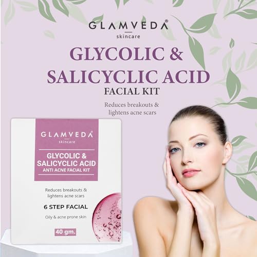 Image of Glamveda Glycolic & Salicylic Anti Acne Facial Kit (Pack Of 3) 120 gm | Pimple Care & Brightening Facial Kit For Women| No Paraben, SLS |