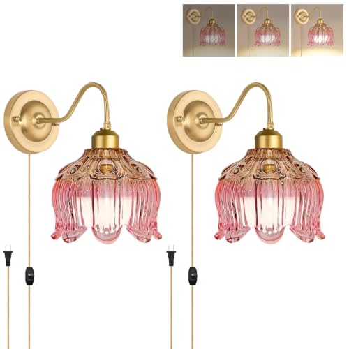 Image of Dimmable Plug in Wall Sconce,Brushed Brass Wall Sconces Set of 2 Flower Wall Lights with Plug in Cord and Glass Lampshape,Gold Sconces Wall Decor Set of 2 Plug in Wall Lamp Sconces for Bedroom