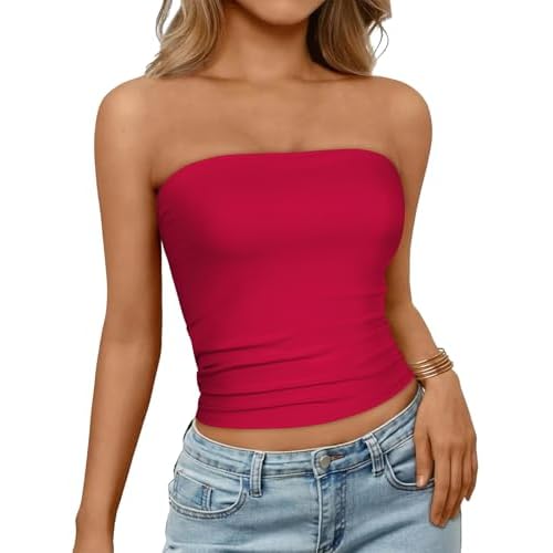 Women Tube Top Summer Strapless Crop Tops Basic Bandeau Going Out Y2k Short Shirt(Bright red,S)