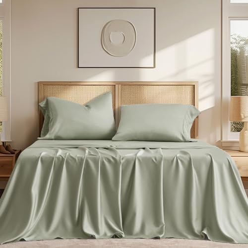 EVERGRACE Tencel Sheet Set King Size 4 Pieces，Soft Cooling Bed Sheets for Hot Sleepers, Eucalyptus Lyocell Luxury Breathable Bedding Set, 1 Fitted Sheet, 1 Flat Sheet, 2 Shams, Misty Sage Green - Thumbnail 2
