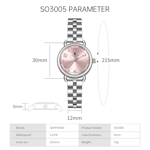 Image of Sapphero Ladies Watch Easy to Read Wristwatch, Women's Quartz Watch with Stainless Steel Strap, 5 ATM Waterproof, Classic Elegance Women Business Waterproof Watch