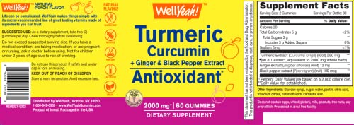 Wellyeah Turmeric Curcumin Gummies With Black Pepper - Antioxidant And Digestive Support - Skin Health, And Immune Function - Vegan, Non-Gmo - 60 Count #TOP1