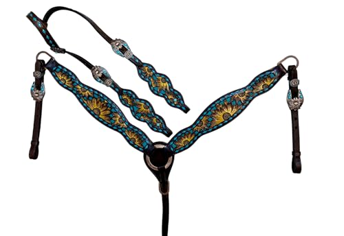 MOUSM Sunflower Carved One Ear Headstall Bridle Breast Collar Set - Genuine Argentina Cow Leather with Teal Rawhide Buck Stitching - Perfect