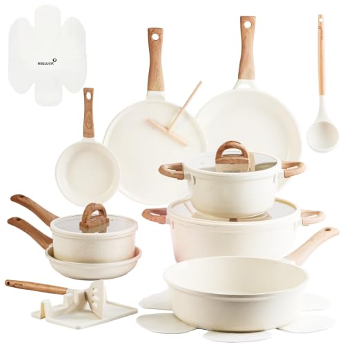 Image of USELUCK 22-Piece Pots and Pans Set, Nonstick ceramic cookware set | PFAS-Free Non-Toxic Ceramic Cookware, Healthy Kitchen Cooking Set, Induction Compatible, Easy to Clean, White