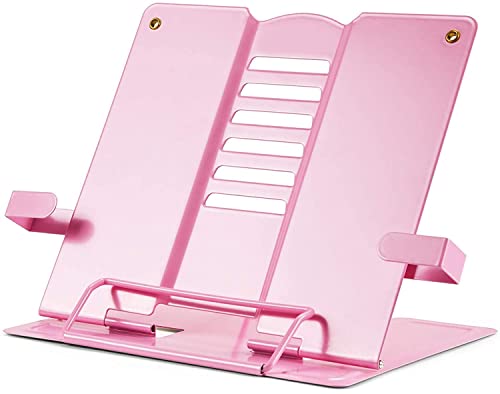 Image of Volo Portable Metal Desktop Book Stand - Adjustable Foldable Cookbook Holder for Reading, Recipes, Textbooks, and Music (Pink)