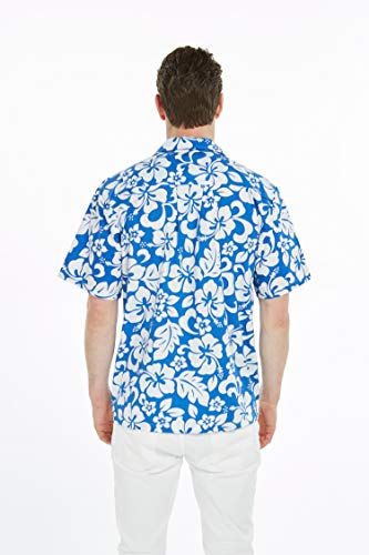 Matchable Hawaiian Luau Father Son Men Aloha Shirt or Boy Aloha Shirt in Classic Vintage Hibiscus Blue4