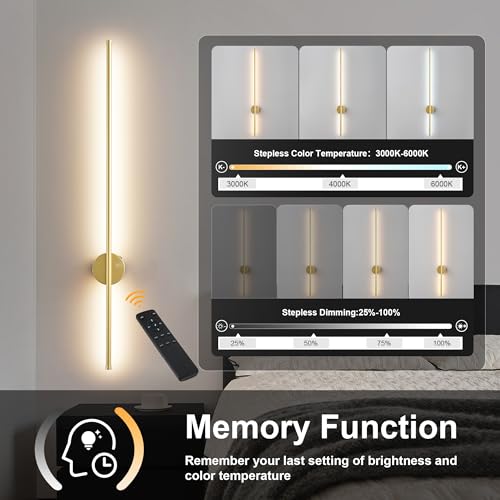 Image of KARTOOSH Gold Battery Operated Wall Sconce Set of Two with Motion Sensor | Rechargeable Wireless Wall Lights with Remote Control, Dimmable, 3000K /4000K /6000K, Timer for Living Room, Hallway,39.3 Inch