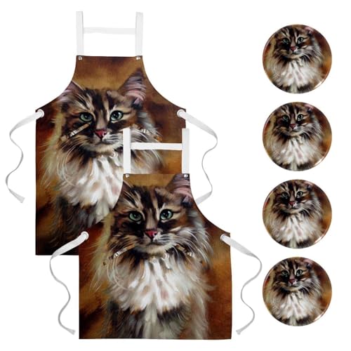 Lot de 2 tabliers de cuisine chat multicolore réglables avec broches