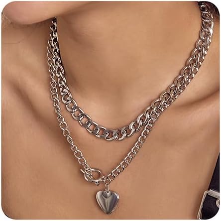 Chunky Chain Silver Necklace with Puff Heart Pendant Double Layer Toggle Clasp OT Chain Choker for Women Punk