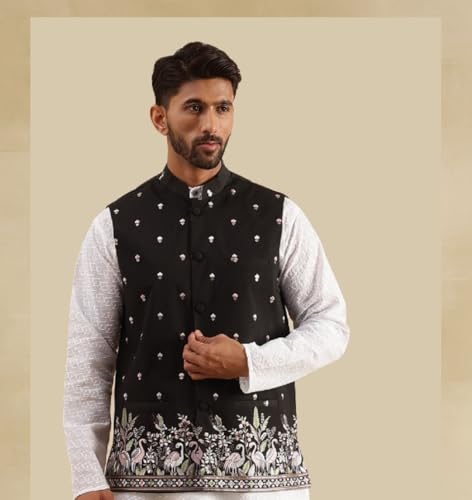 Image of SOJANYA (Since 1958 Men's Silk Blend Exquisite Daman Embroidered Nehru Jacket
