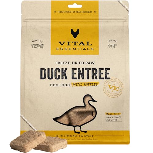 Image of Vital Essentials Freeze Dried Dog Food, Duck Mini Patties, 14 oz Bag | Soft, Complete Meal or Topper, Made With 99% Duck, Organs & Bone, High Protein Raw Nutrition, Grain-Free Recipe