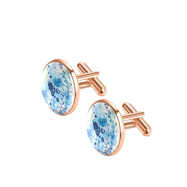 1 Pair Personalized cufflinks for men, Mens Cufflinks and Studs Cuff Links with Jewelry Box, Boys Cufflinks Shirt Accessories for Special Occasions Wedding Party Hand Drawn Blue Butterfly Flowers - Image 3