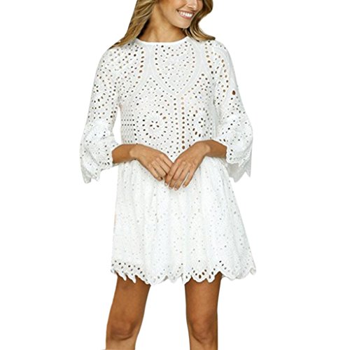 Promociones! Vestido de Encaje Vintage, Toamen Vestido de Fiesta de Cuello Redondo de Manga Corta de Encaje de Flores para Mujer (XL, Blanco)