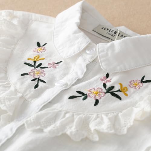 Girls White Cotton Blouse with Floral Embroidery, Lace Ruffle Collar, Long Sleeve Button Down Shirt3