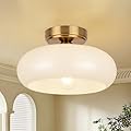 CLARSYNE Semi Flush Mount Ceiling Light Fixture, 11'' Vintage Mid-Century Gold with White Milk Glass Shade, Modern Farmhouse Lighting for Kitchen, Hallway, Bedroom, Foyer, Laundry Room, Schoolhouse