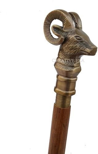 Bastón de latón  Bastón de cabeza de cabra hecho a mano, bastón de madera de alta calidad, 36 pulgadas, diseño hecho a mano, bastón para hombres y