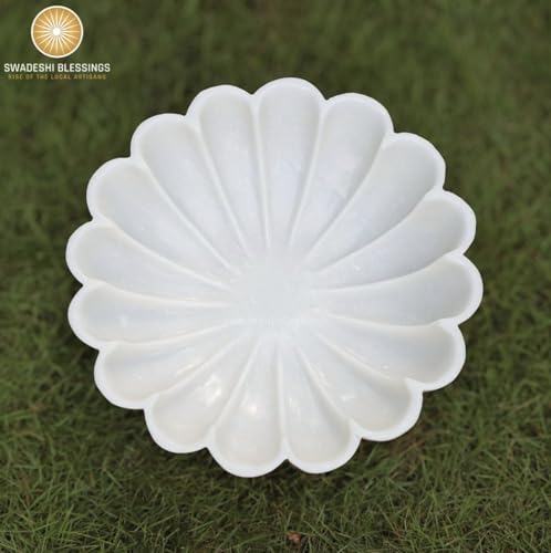 Image of SWADESHI BLESSINGS Handcrafted Marble Scalloped Urli Bowl for Home Decor | Traditional Decorative Bowl for Floating Flowers, Potpourri & Festive Decor Item | Pooja Decoration | Wedding /Return Gift, 9 inch