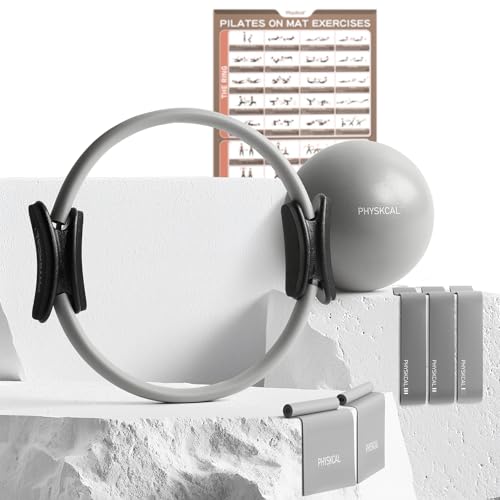 PhysKcal Pilates Ring Set, 15-Inch Pilates Ringe mit 1x Core Ball, 3X Widerstandsschlaufe und 2X Flexband, Mat-Pilates-Grundausstattung für zu Hause – Gletschergrau