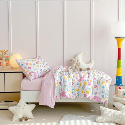 Image of Unicorn Toddler Bedding Set for Girls Light Pink Unicorn Flowers 4PC Toddler Bed Set - Soft Blue Yellow Floral Rainbow Cute Princess Toddler Bed in a Bag with Pink Sheet Set and Pillow Shams