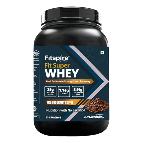 Image of Fitspire Fit Super Whey Protein Powder, Gourmet Coffee Flavour, 1kg | Whey Isolate & Concentrate Blend | 35g Protein per 100g | Digestive Enzymes for Easy Digestion | No Added Sugar | Supports Muscle Recovery & Strength