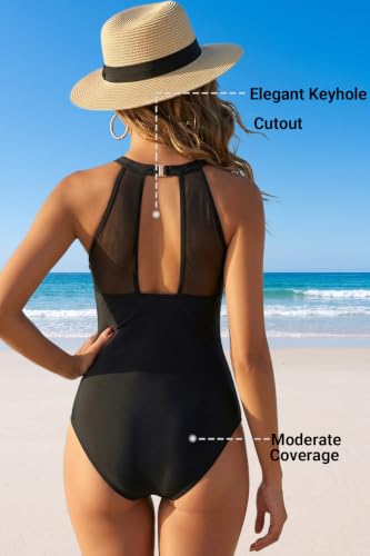 Image of Tempt Me Women One Piece Swimsuit Tummy Control Bathing Suit | High neck, Removable cups, Full coverage, Ruched, Mesh, Full lining