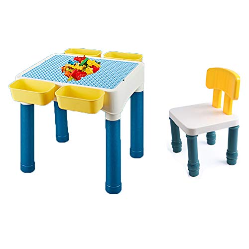 Preisvergleich Produktbild ZYMSD Kreative multifunktionale Kinder Tätigkeit Tisch, Basteltisch, Spieltisch und kompatible Kombination Tisch, 5-in-1-Speicherfeld, bestehend aus 1 Stuhl und 60 Blöcke,Blau