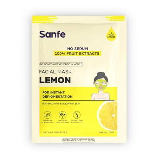 Image of Sanfe Face Sheet Mask Shade- Lemon | Brightening & Hydrating Care for Dull Skin | Oil Control Formula for Oily-Skin| Reduces Pigmentation | 25ml | Pack of 1