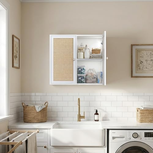 Image of Laundry Room Cabinets 24INCH Bathroom Cabinets Wall Mounted with Adjustable Shelves, Rattan Wall Cabinet for Bedroom, Kitchen, Bathroom, White