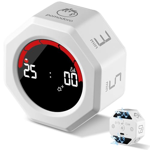 PUGTOW Pomodoro Timer wiederaufladbar USB C digitaler Küchentimer mit Schwerkraft achteckig magnetisch 8 voreingestellte Modi 3 Lautstärkestufen für Studium Büro und Küche