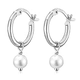 Pearl Earrings Drop for Women, Sterling Silver Pearl Drop Hoop Dangle Earrings Hypoallergenic Round Pearl Hoop Earrings Wedding Jewellery Gifts for Ladies Girls