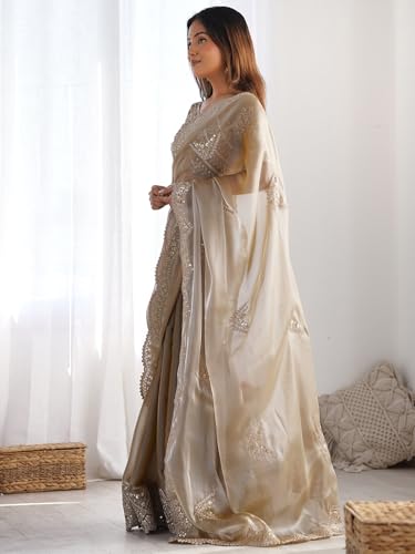 Image of Satrani Women's Tissue Silk Sequin Embroidery Scalloped Border Saree with Unstitched Blouse Piece