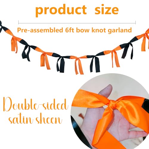 Image of Halloween Stain Bow Garland | 6ft Linking Knot Bow Banner with 3ft Extend Ribbon for Halloween Party Vibes Wreath & Spooky Boo Decor (Orange & Black, 6ft)