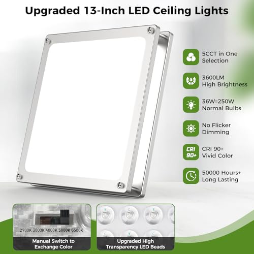 13 Inch Dimmable Square LED Ceiling Lights, 2-Pack 36W Brushed Nickel Flush Mount Light Fixtures, 3200LM Super Bright 2700K-6500K Adjustable Modern Ceiling Lamps for Bedroom Kitchen Bathroom Hallway - Image 6
