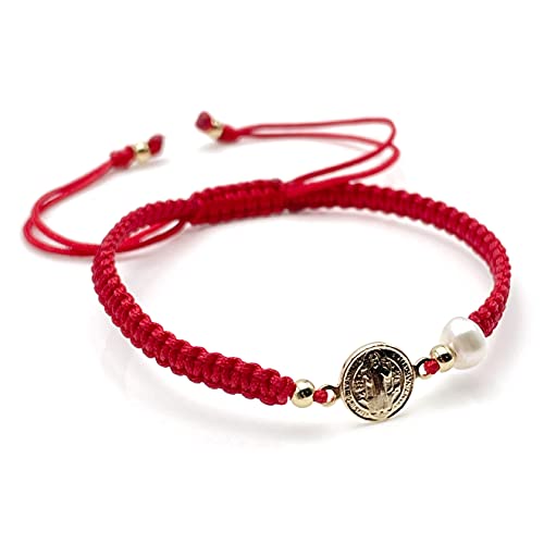Divine Bracelet featuring St. Benedict Medal and Mother of Pearl Red Nylon Woven Adjustable fit for Women4