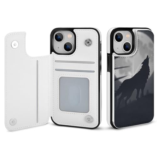 適用 iPhone15Plus用ケース 手帳型 月と遠吠えする狼のシルエット スマホケース カード収納 スタンド機能 アイフォン15Plusケース 耐衝撃 PUレザー カバー 財布型 Case