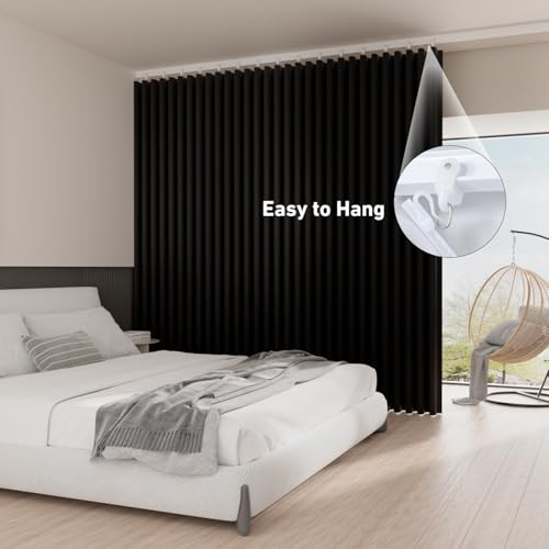 Image of Ceiling Mount Room Divider Curtains,Track Sets for Room Separation,Black | Ceiling mount track set included,Blackout curtains thermal insulated & noise reduction fabric,For bedroom room separation