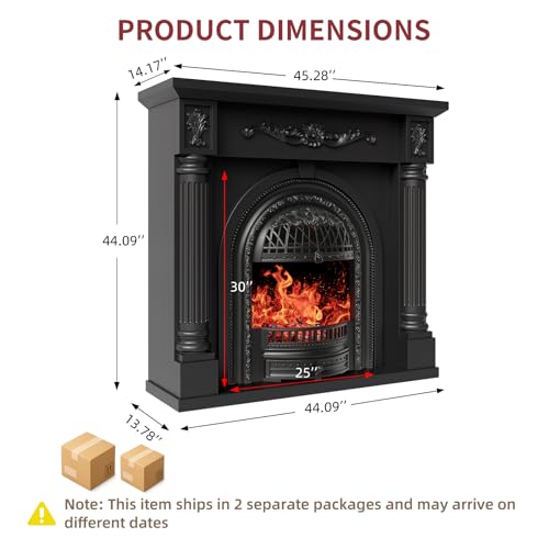 Image of 45 Inch Electric Fireplace with Mantel, Solid Wood Fireplace TV Stand, Roman Column Fireplace Entertainment Center, Electric Fireplace Heater with Black Birdcage Insert for Living Room, Black
