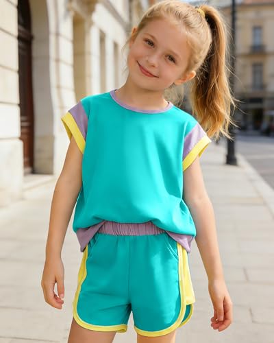 Image of SANMIO Toddler Girl Clothes Summer Toddler Girls Color Block Short Sleeve Shorts Sweatsuit Outfits 2 Piece Clothing Set