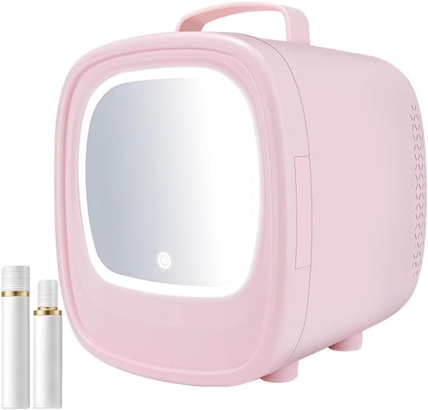 Small Refrigerator with LED Light, Mini Beauty Fridge, Retro Small Beverage Refrigerator, Simple Icebox, Girly Pink, Can Be Used To Store Herbs, Oils, Cosmetics, Etc