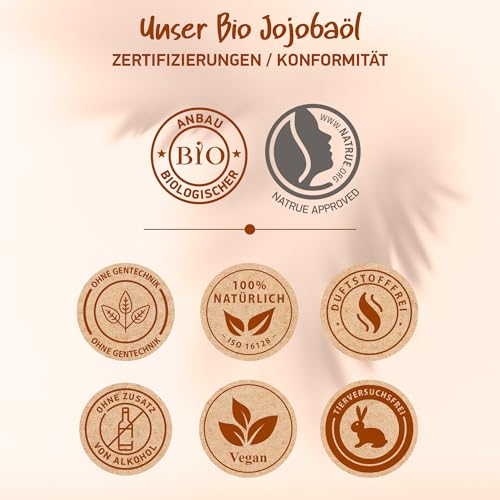 Foto von JOJOBAÖL BIO Kaltgepresst | Für Haare Haut Nägel - 100% Natürlich & Rein | Haaröl, Gesichtsöl, Körperöl Straffend | Anti-Aging für elastische Haut - Vegan | Feuchtigkeitspflege - Made in Germany