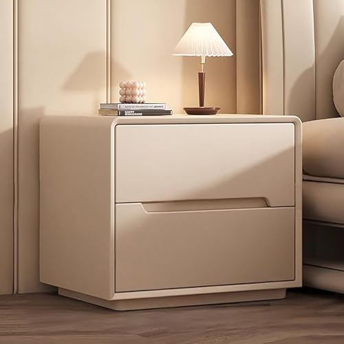 Moderna mesita de noche con 2 cajones e iluminación LED, mesita de noche de madera para dormitorio y sala de estar, fácil montaje (caqui, 50 cm)