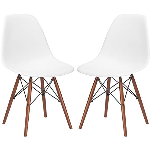 Poly and Bark Vortex Modern Mid-Century Side Chair with Wooden Walnut Legs for Kitchen, Living Room and Dining Room, White (Set of 2)