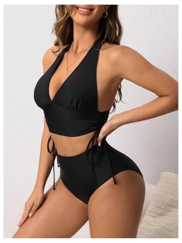SweatyRocks Women's Drawstring Halter Bikini Set High Waisted 2 Piece Swimsuit Bathing Suit3
