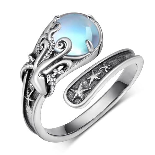Bague cuillère pieuvre argentée avec pierre de lune pour sublimer votre style